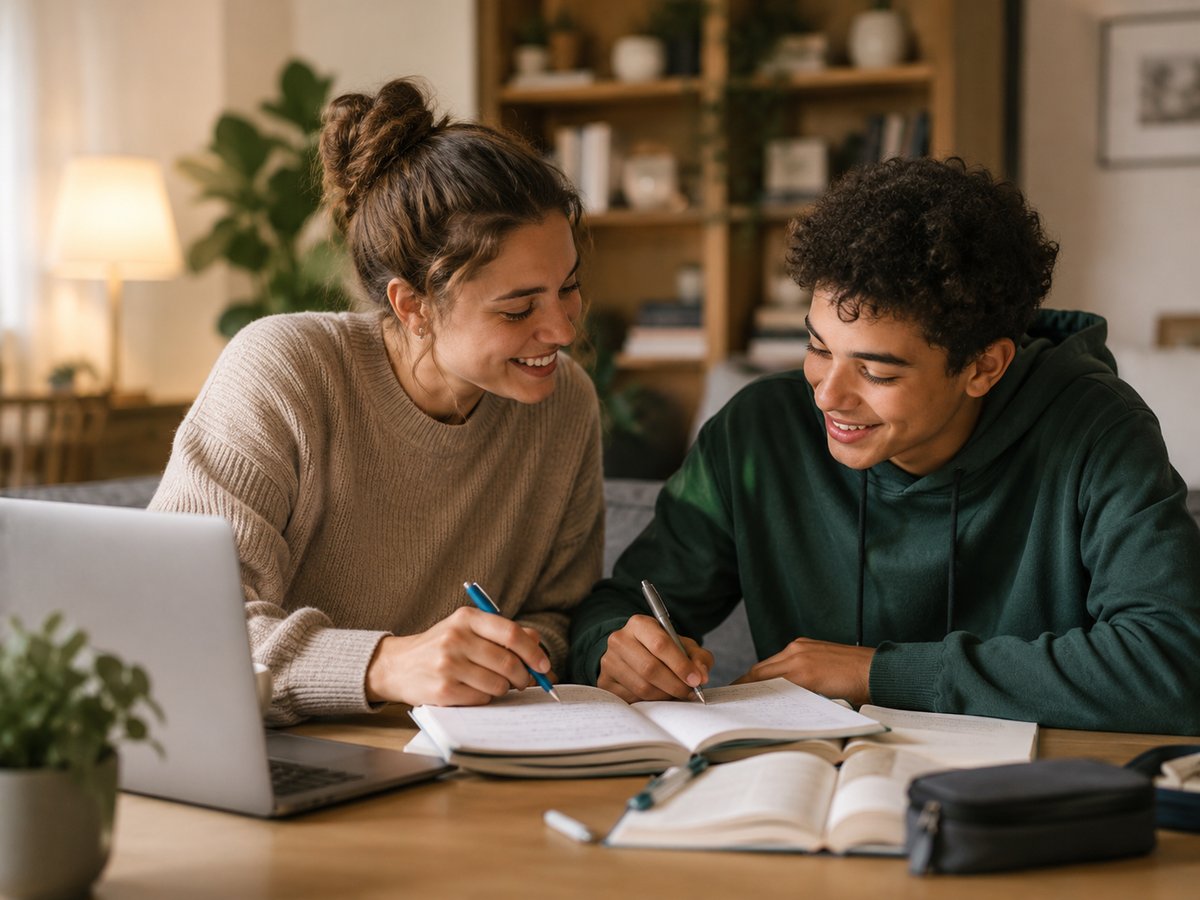 Leerling en bijlesgever aan tafel met schoolboeken